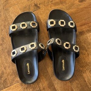 Larroude Black Slide Sandals with Gold Chain Accents